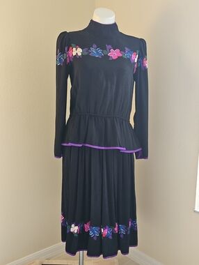 Mary McFadden Jack Mulqueen Silk Long-Sleeve  Peplum Blouse Skirt Dress